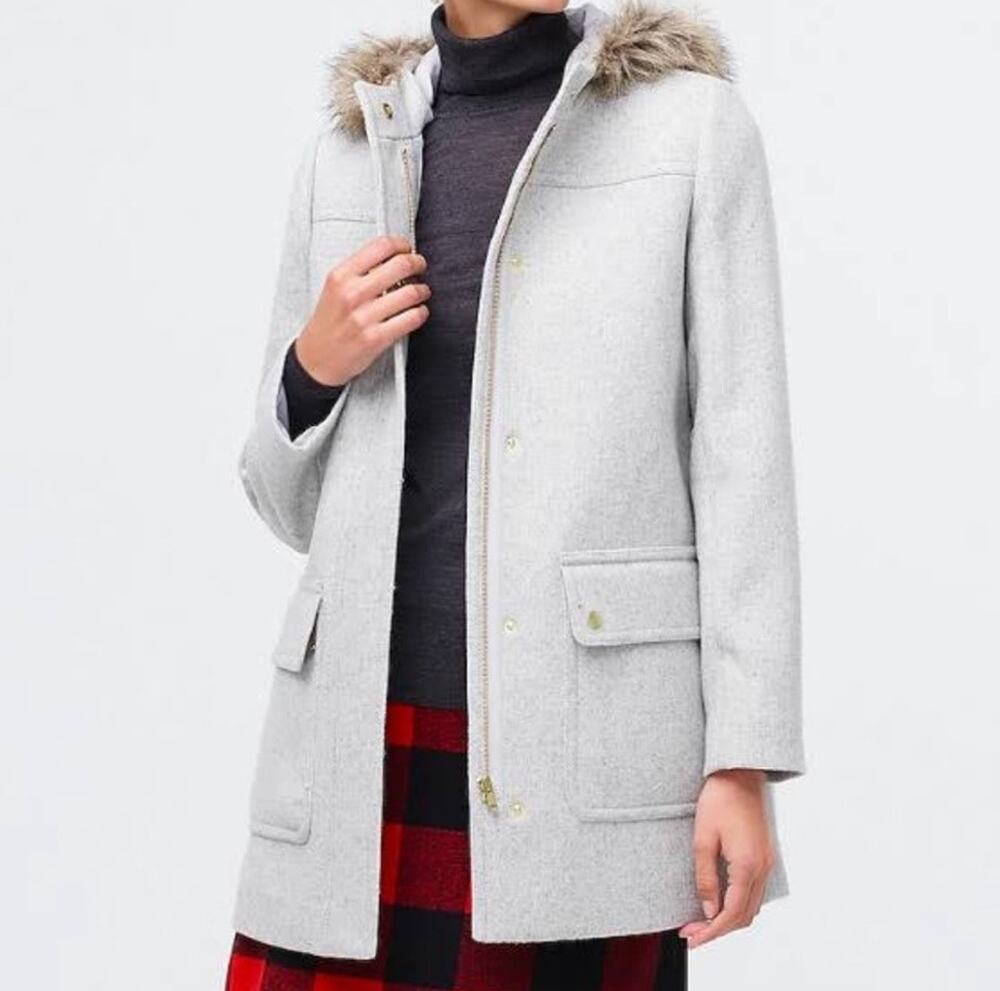 J. Crew Vail Parka In Heather Dusk Gray Faux Fur Hood Zip Coat Size 12